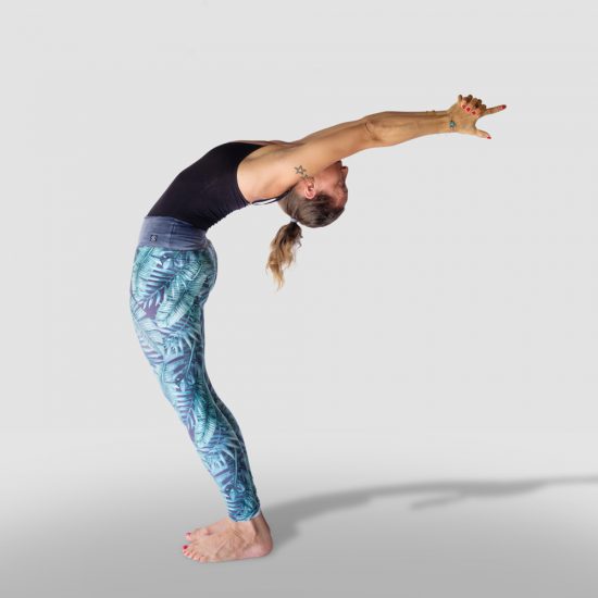 demonstration of Raised arm pose, Hasta Uttanasana in sanskrit