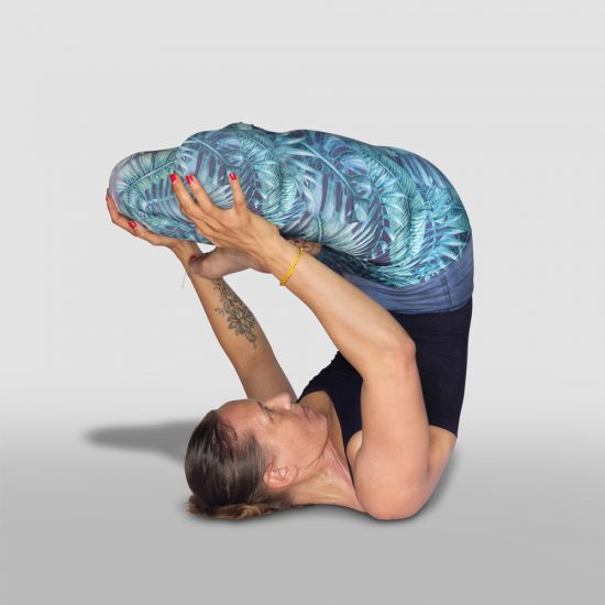 demonstration of Lotus shoulderstand pose, Padma Sarvangasana in sanskrit