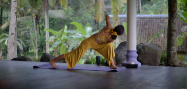 parivrtta konasana pose at Sidemen yoga retreat