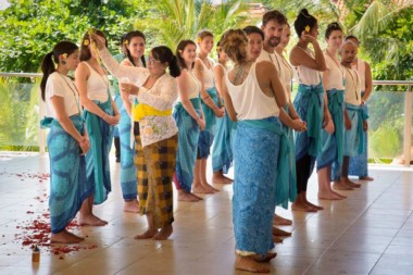 Balinese blessing ceremony of the students at the opening of the yoga teacher training course